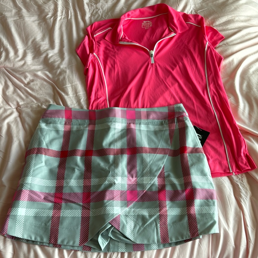 Women’s medium Slazenger golf set. Neon pink and gray. Top M, bottom 8